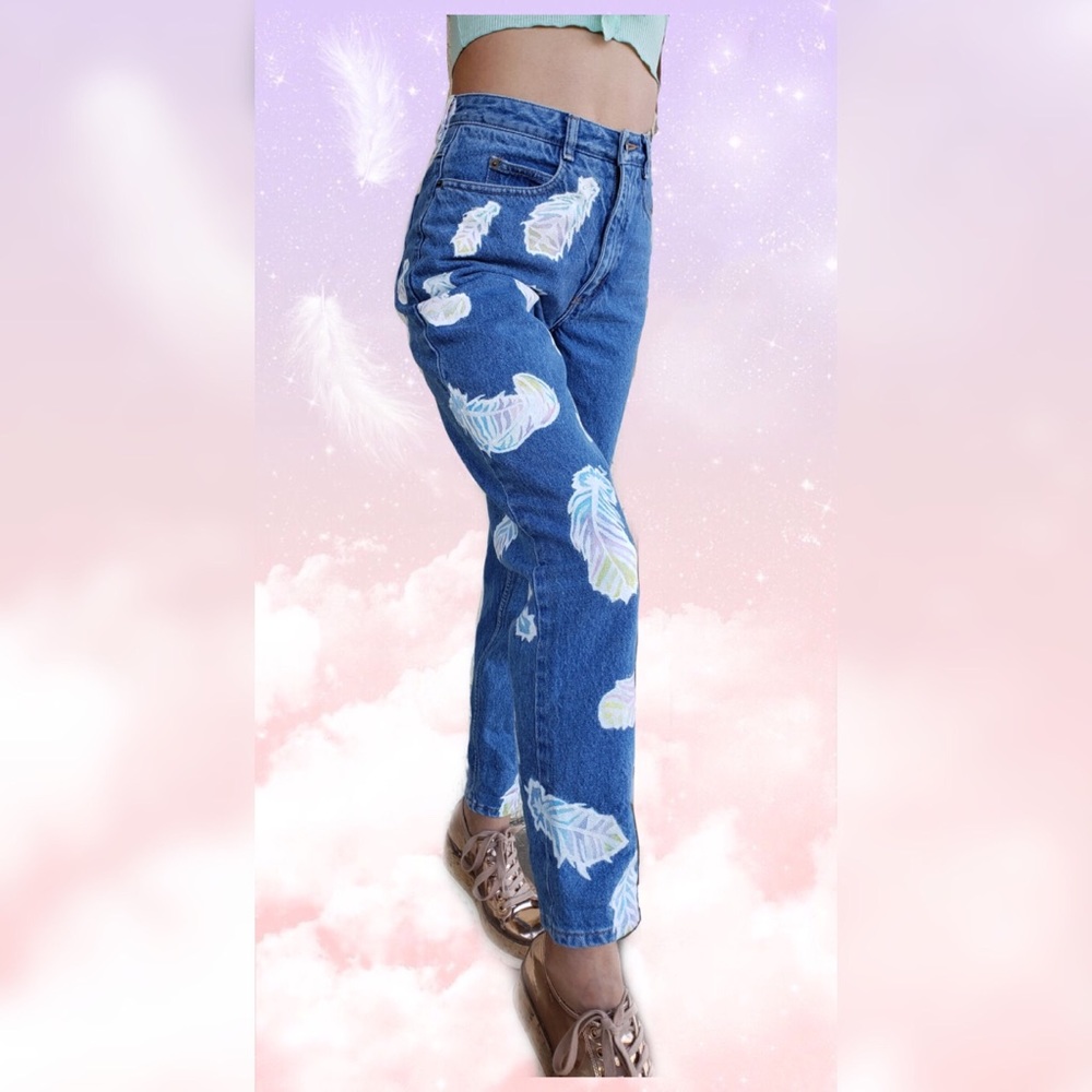 High Waist Hand Painted Jeans Grunge 90s Style - Picture 4 of 8